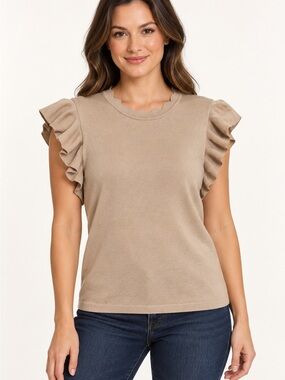 Select + Trend Taupe Ruffle Sleeve Sweater Knit Top Coquette Medium